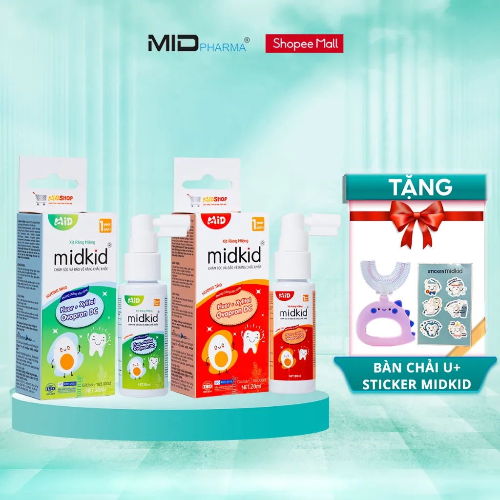 Ảnh 2 hộp Xịt chống sâu răng Midkid vị Nho và Táo cho bé từ 1 tuổi - Tặng Bàn chải U hình thú ngẫu nhiên + Sticker 1