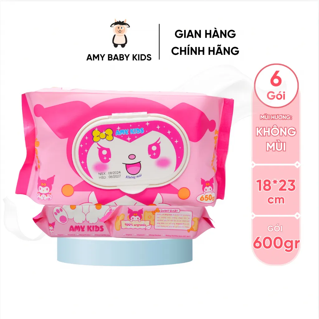 Ảnh 6 Gói Gói Khăn Giấy Ướt 600Gr Amy Kids Không Mùi An Toàn Cho Bé Gói Hồng & Tím 2