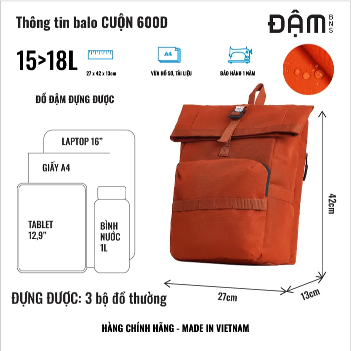 Ảnh ĐẬM BNS balo du lịch thời trang kháng nước ngăn laptop 16inch nắp CUỘN A4 3