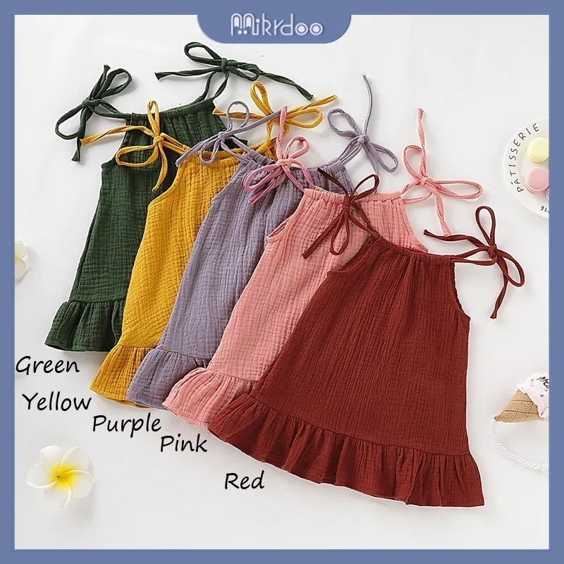 Ảnh Đầm hai dây MIKRDOO bằng vải lanh cotton màu trơn dễ thương thời trang mùa hè cho bé gái 1-5 tuổi 1