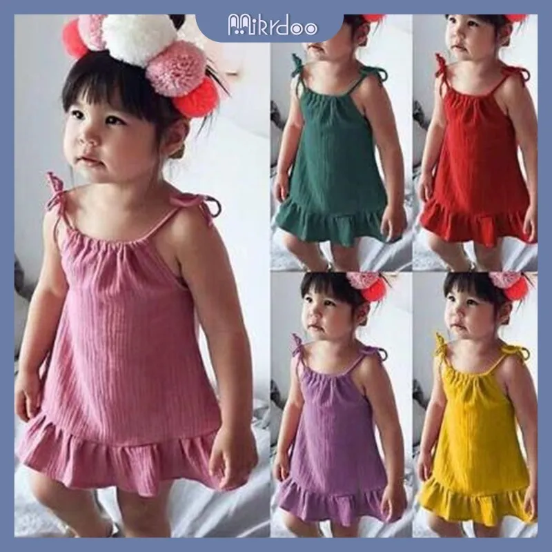 Ảnh Đầm hai dây MIKRDOO bằng vải lanh cotton màu trơn dễ thương thời trang mùa hè cho bé gái 1-5 tuổi 3