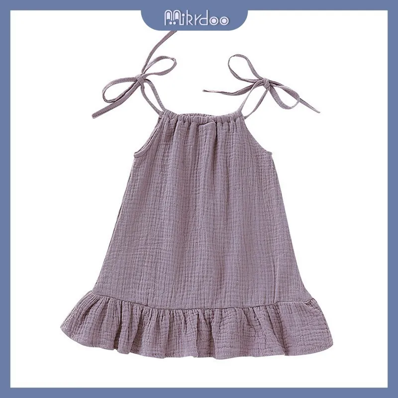 Ảnh Đầm hai dây MIKRDOO bằng vải lanh cotton màu trơn dễ thương thời trang mùa hè cho bé gái 1-5 tuổi 4