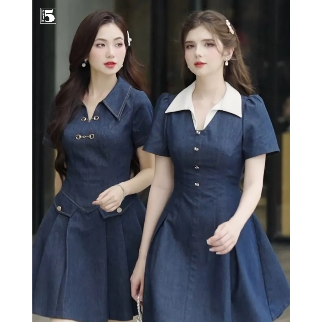 Ảnh Đầm Jeans nữ Twentyfive ôm body, gấu xòe nhẹ, có cổ, đính 4 cúc đá DH65 4