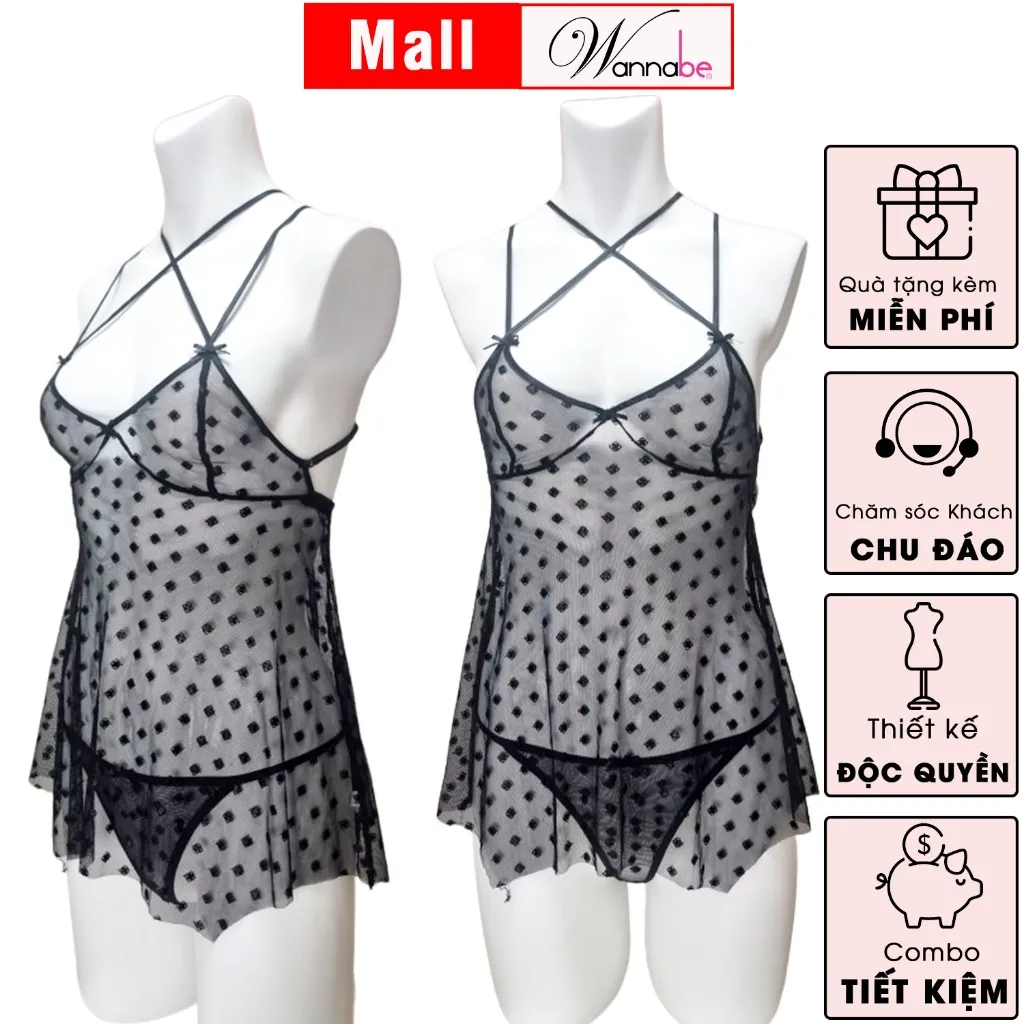 Ảnh Đầm ngủ WANNABE váy ngủ lưới trong suốt sexy tặng kèm quần đồng bộ khoe thân hình gợi cảm DNC15 2