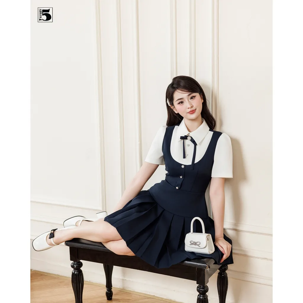 Ảnh Đầm nữ Twentyfive dáng ngắn xếp ly vạt, phối cổ yếm cài nơ tiểu thư DH108 3
