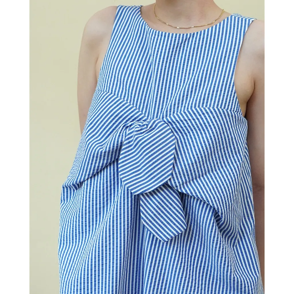 Ảnh Đầm ORALIE màu xanh phối vạt nơ trước ngực dáng con nhộng phom suông KHÂU BY CQ 4
