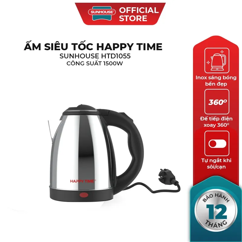 Ảnh Ấm siêu tốc 1.5L SUNHOUSE Happy Time HTD1055 - Tự ngắt khi nước sôi, cạn nước - Tay cầm chống nóng, thân inox không gỉ 1