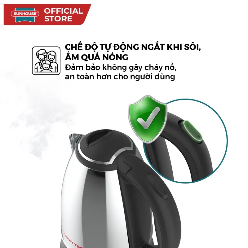 Ảnh Ấm siêu tốc 1.5L SUNHOUSE Happy Time HTD1055 - Tự ngắt khi nước sôi, cạn nước - Tay cầm chống nóng, thân inox không gỉ 4
