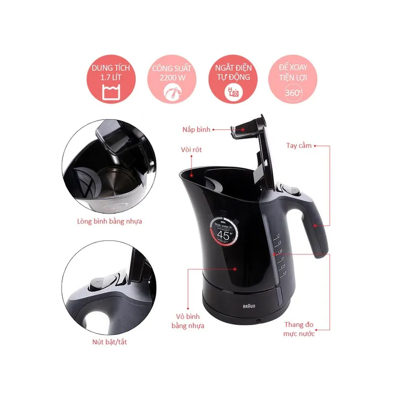 Ảnh Ấm Siêu Tốc Braun WK300ONYX, Sản xuất 100% tại Châu Âu. Công suất 2200w, đun siêu tốc chỉ 45 giây, dung tích 1.7l 3