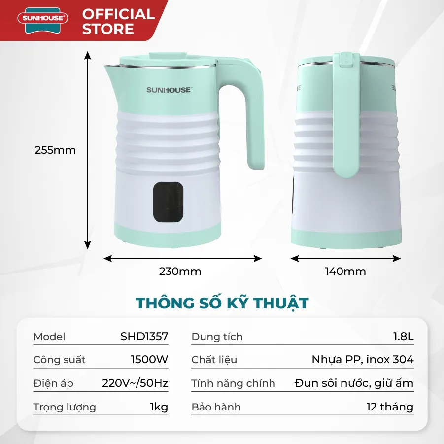 Ảnh Ấm siêu tốc inox 2 lớp 1.8L SUNHOUSE SHD1357 - 1500W - Bộ điều khiển Strix cao cấp – Thân ấm 2 lớp chống bỏng 2