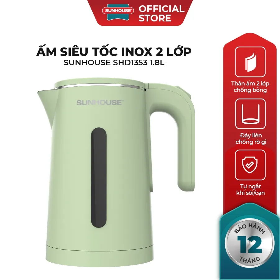 Ảnh Ấm siêu tốc Inox 304 1.8L SUNHOUSE SHD1351/SHD1353 - Thân ấm 2 lớp - Vỏ nhựa PP chống bỏng - Tự động tắt khi nước sôi 1
