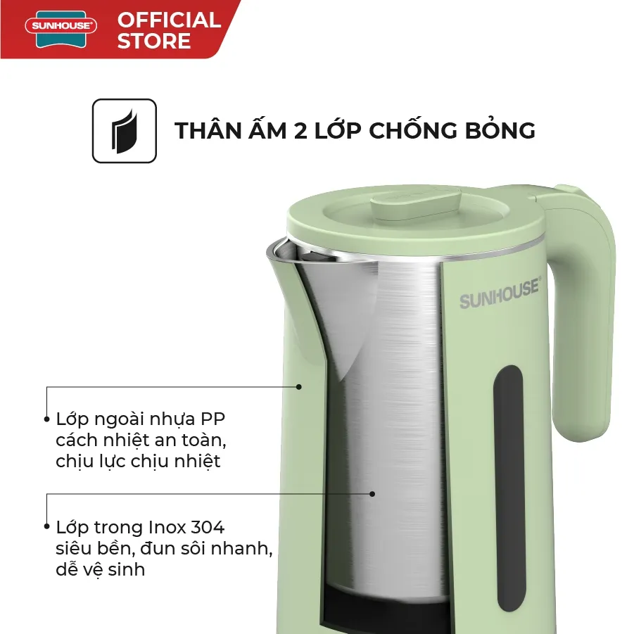 Ảnh Ấm siêu tốc Inox 304 1.8L SUNHOUSE SHD1351/SHD1353 - Thân ấm 2 lớp - Vỏ nhựa PP chống bỏng - Tự động tắt khi nước sôi 3