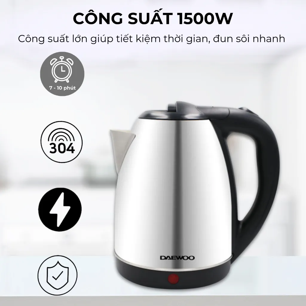 Ảnh Ấm siêu tốc inox 304 cao cấp đảm bảo an toàn 1.8L Daewoo DWK-S1805 đế xoay 360 độ  - Hàng chính hãng BH 2 năm 2