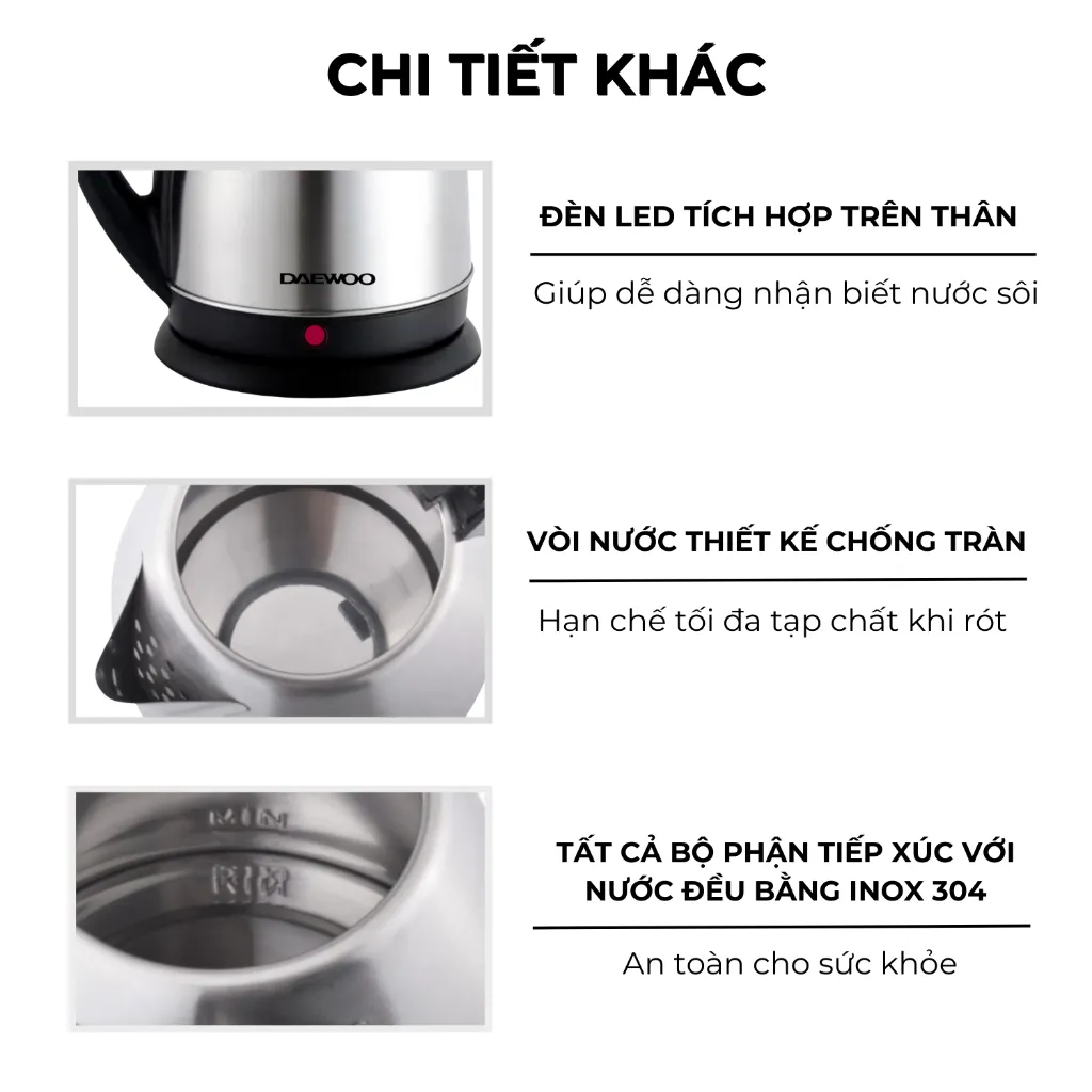 Ảnh Ấm siêu tốc inox 304 cao cấp đảm bảo an toàn 1.8L Daewoo DWK-S1805 đế xoay 360 độ  - Hàng chính hãng BH 2 năm 4