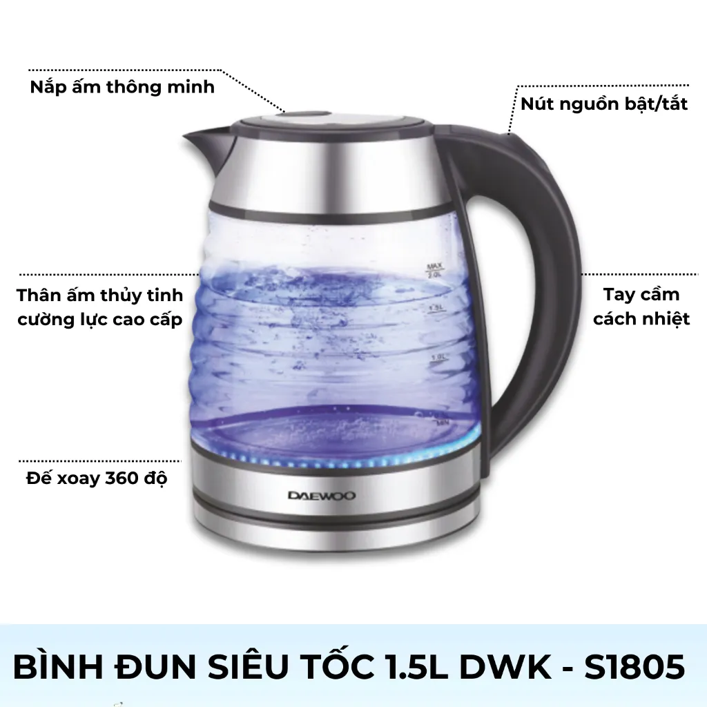 Ảnh Ấm siêu tốc thủy tinh cao cấp 1.7L Daewoo DWK-GL1803 thiết kế vỏ sò đèn LED độc đáo  - Hàng chính hãng BH 2 năm 4