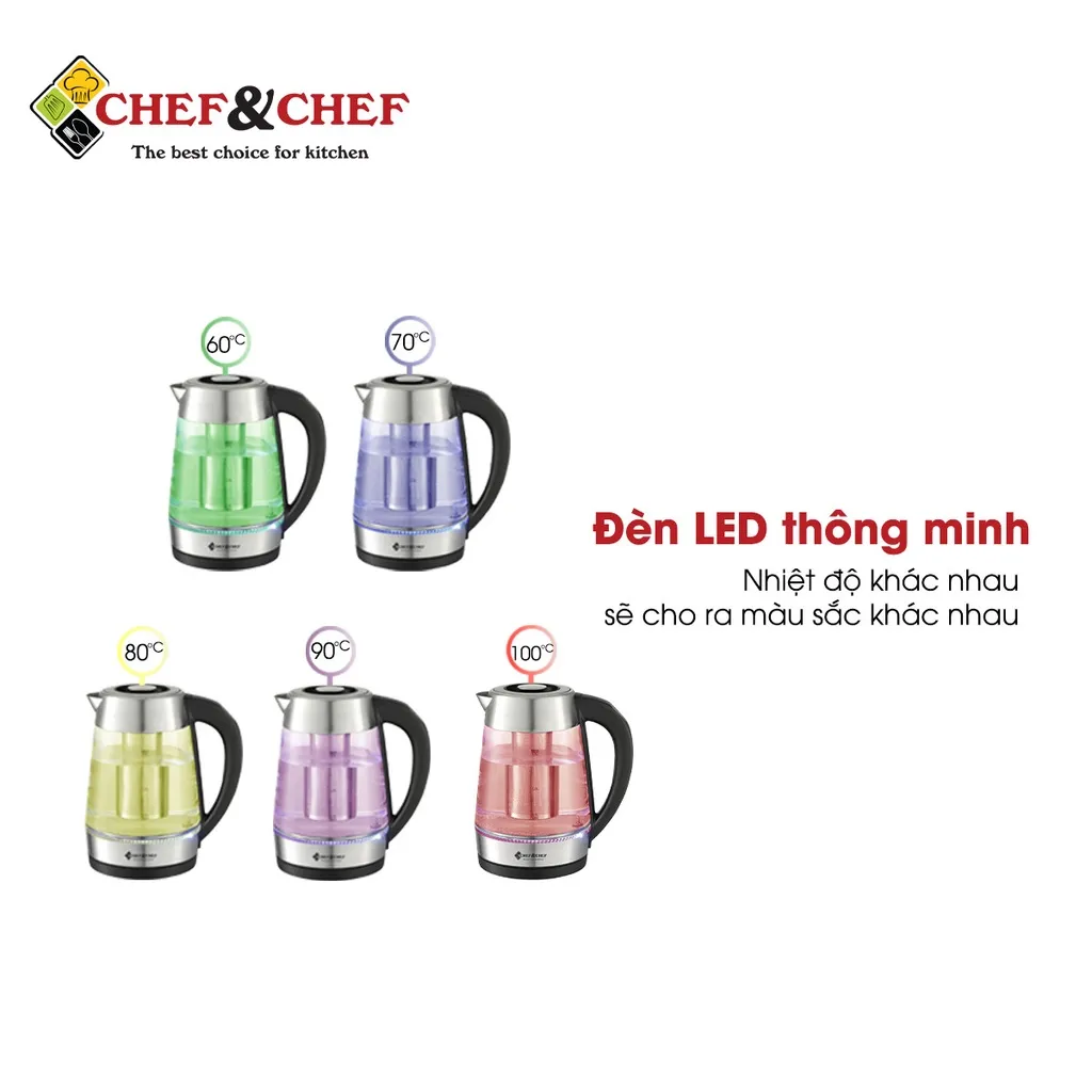 Ảnh Ấm Siêu Tốc Thủy Tinh CHEF&CHEF CH1703D – Điều Khiển Nhiệt Độ,Đổi Màu Khi Đun, Sang Trọng & Tiện Lợi 3
