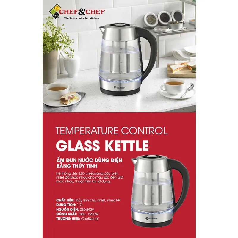 Ảnh Ấm Siêu Tốc Thủy Tinh CHEF&CHEF CH1703D – Điều Khiển Nhiệt Độ,Đổi Màu Khi Đun, Sang Trọng & Tiện Lợi 4