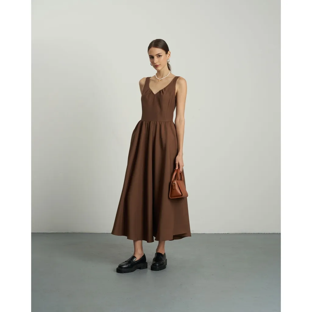 Ảnh Đầm SUZANNA xoè hai dây cổ V màu nâu KHÂU BY CQ 4