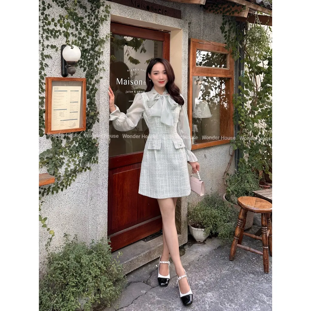 Ảnh Đầm thiết kế Wonderhouse cổ vuông phối sơ mi cột nơ chất liệu vải tweed cao cấp dày dặn - Rosa Dress 2