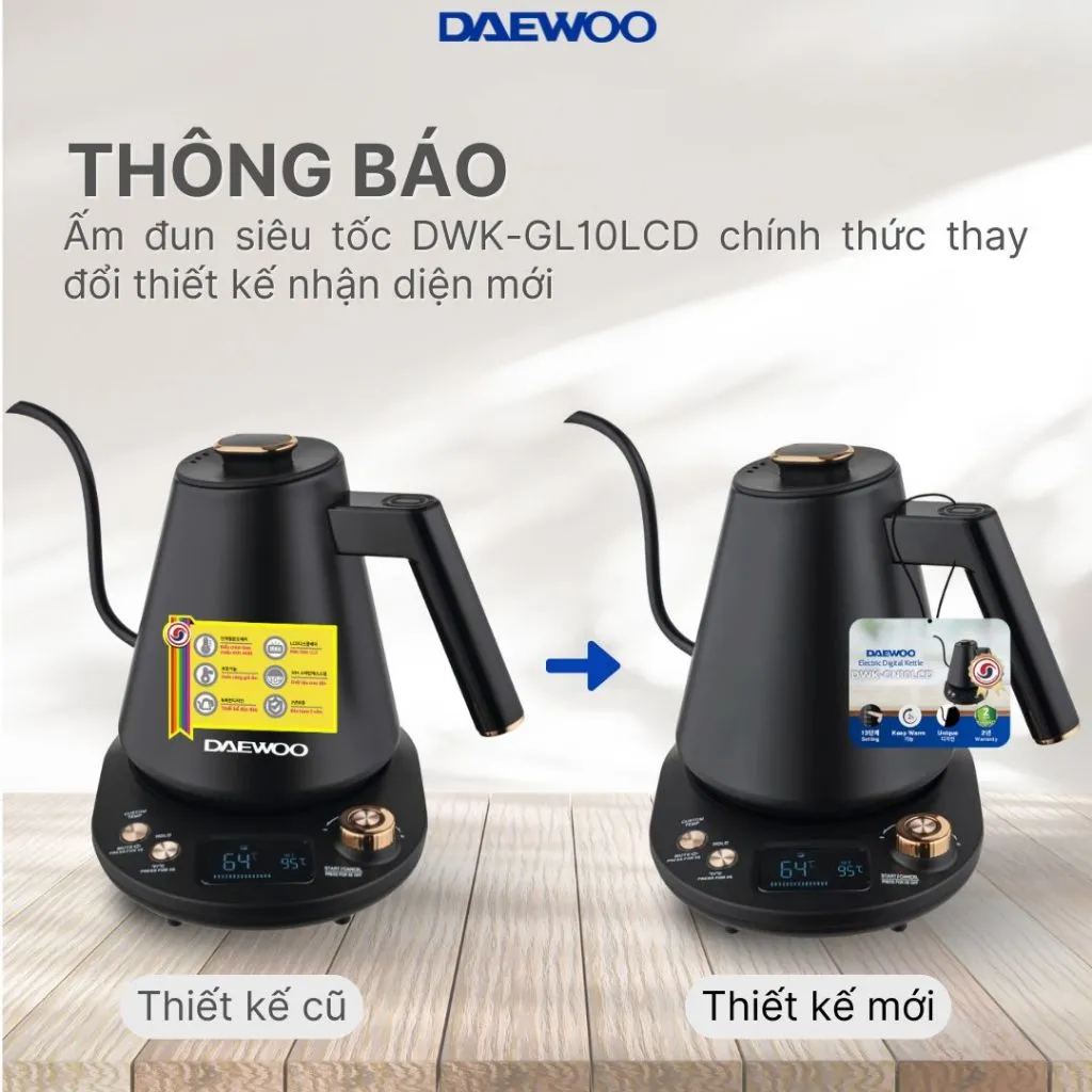 Ảnh Ấm đun siêu tốc cổ ngỗng Daewoo 13 mức nhiệt chính xác giữ ấm 2 tiếng 1L DWK-GN10LCD BH 2 năm 2