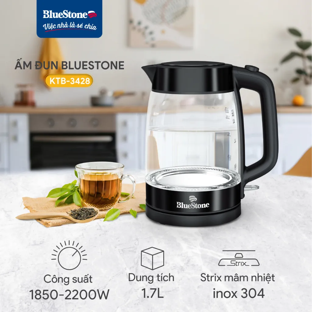 Ảnh Ấm Đun Siêu Tốc Thuỷ Tinh BlueStone KTB-3428 - 1.7 Lít - 2200W - điều khiển Strix 2