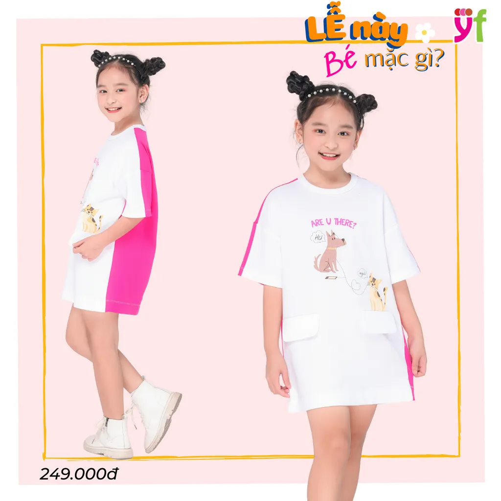 Ảnh Đầm váy suông cho bé gái in họa tiết dễ thương YF từ 18-55 KG  YDX018-3, 100% cotton, size 3-13 tuổi 1
