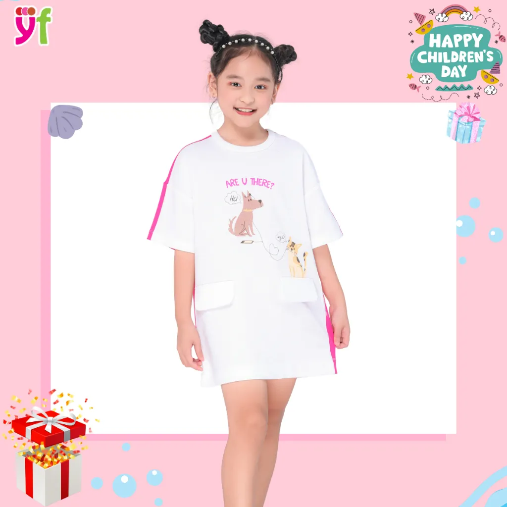 Ảnh Đầm váy suông cho bé gái in họa tiết dễ thương YF từ 18-55 KG  YDX018-3, 100% cotton, size 3-13 tuổi 2