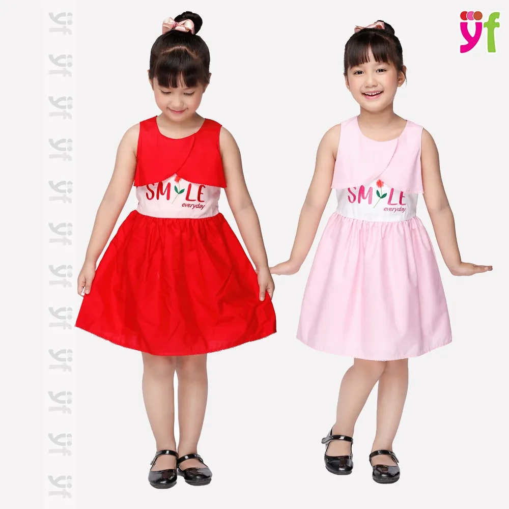 Ảnh Đầm Xòe Cho Bé Thêu Chữ Smile Everyday, 2 màu đỏ & hồng hiệu YF - YDX004-0 1
