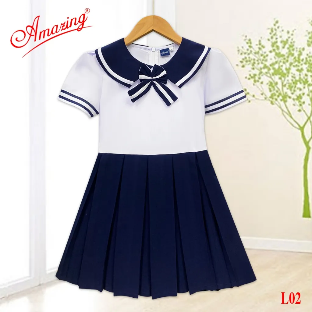 Ảnh Áo đầm bé gái tiểu học, cổ viền phối xanh lính thuỷ cute, tùng váy xéo và xếp ly, bigsize tới 65kg 1