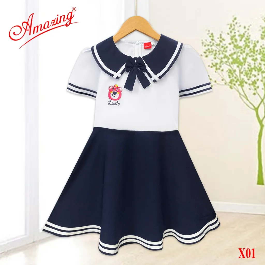 Ảnh Áo đầm bé gái tiểu học, cổ viền phối xanh lính thuỷ cute, tùng váy xéo và xếp ly, bigsize tới 65kg 3