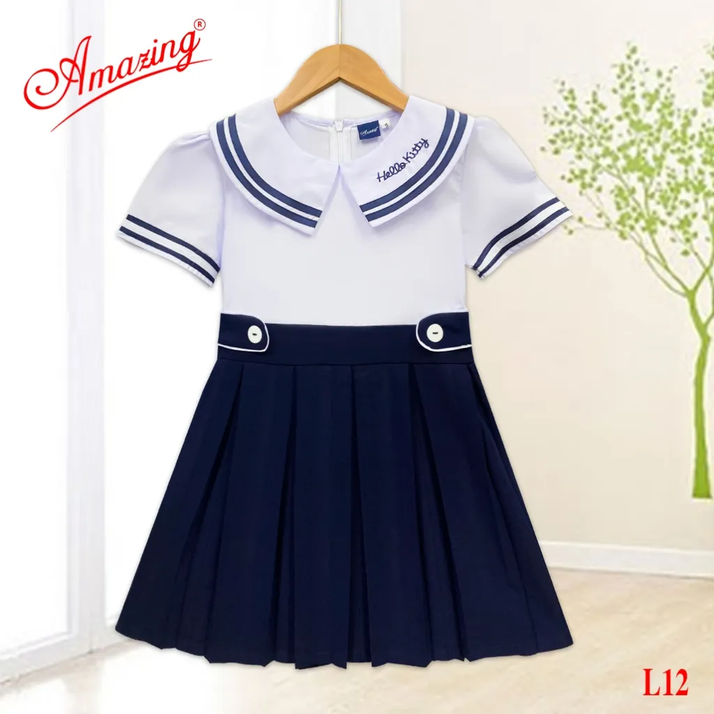 Ảnh Áo đầm bé gái tiểu học, cổ viền phối xanh lính thuỷ cute, tùng váy xéo và xếp ly, bigsize tới 65kg 4