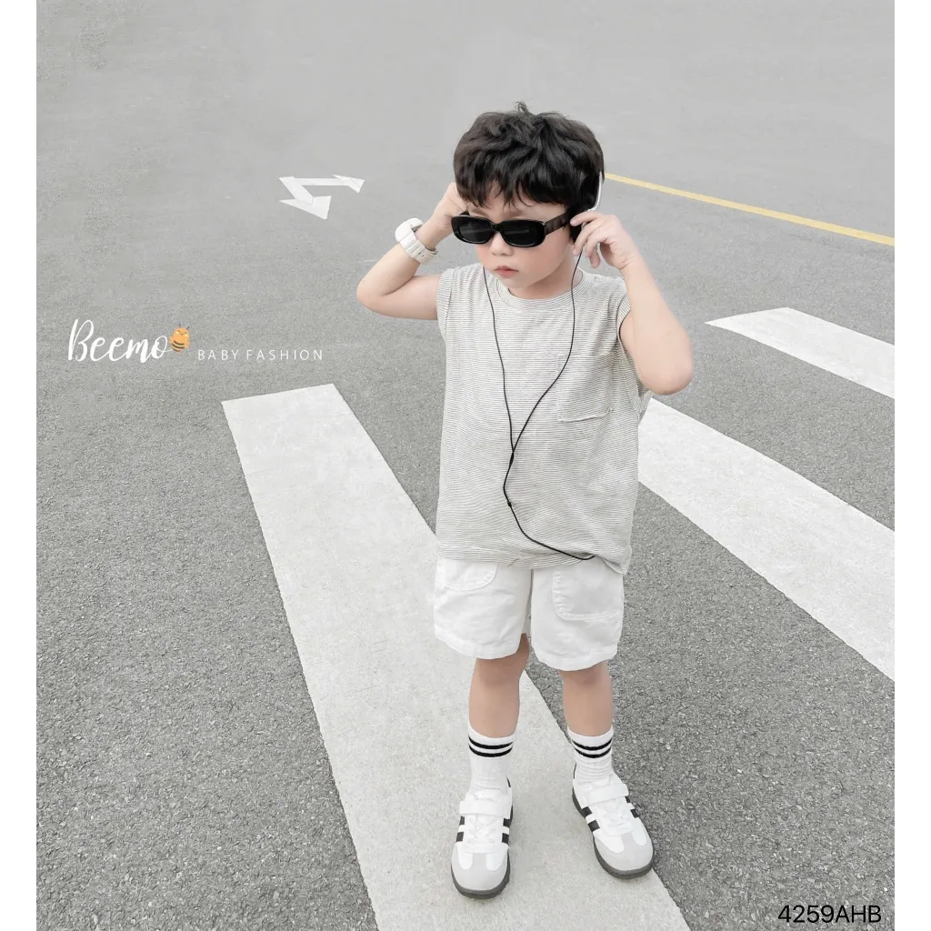 Ảnh Áo ba lỗ Beemo kẻ ngang phối túi vải cotton thoáng mát mặc đi học, du lịch cho bé trai từ 9-24kg 4259AHB 1