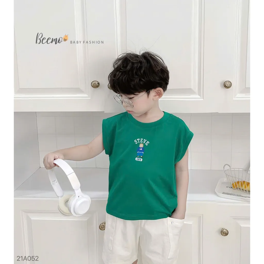 Ảnh Áo ba lỗ cho bé Trai Gái Beemo Chất liệu cotton mềm min, họa tiết gấu Steve, 4 màu cực xinh B078 1