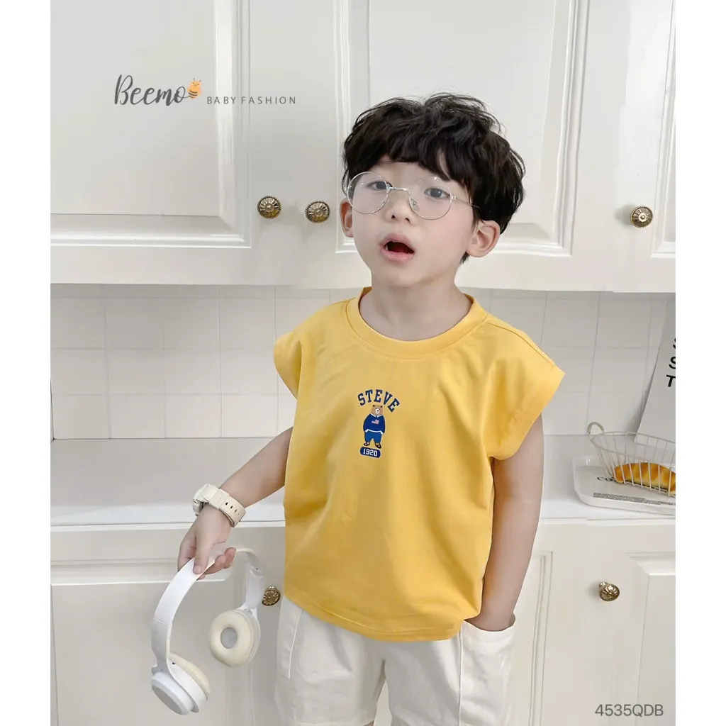 Ảnh Áo ba lỗ cho bé Trai Gái Beemo Chất liệu cotton mềm min, họa tiết gấu Steve, 4 màu cực xinh B078 2
