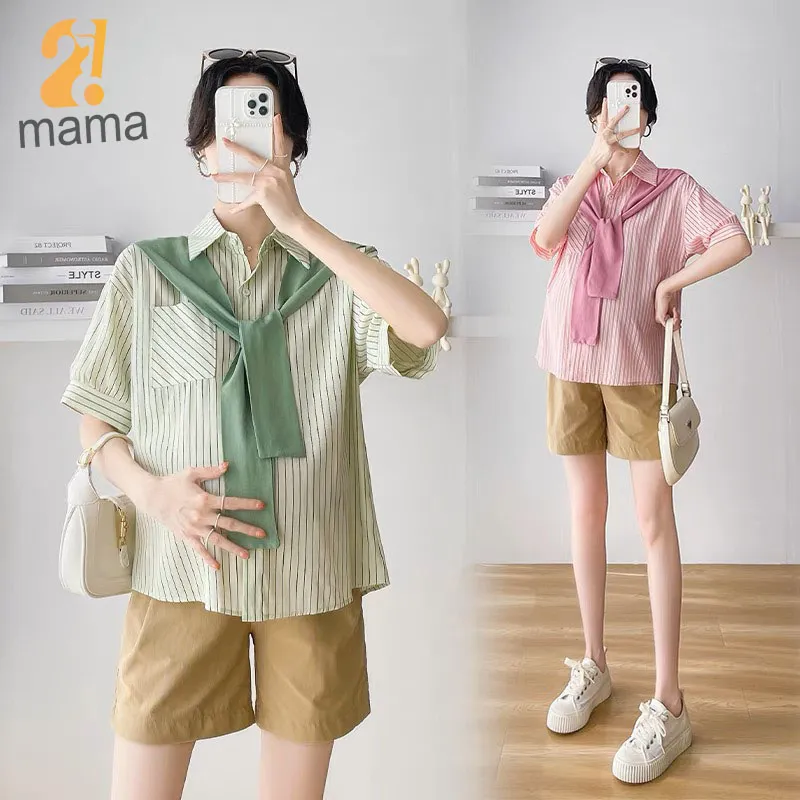 Ảnh Áo bầu công sở mùa hè 2mama kẻ sọc, cổ sơ mi có phối vạt điệu đà, dễ thương 2