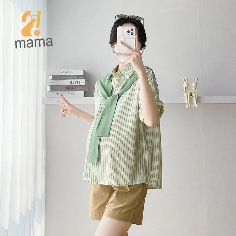 Ảnh Áo bầu công sở mùa hè 2mama kẻ sọc, cổ sơ mi có phối vạt điệu đà, dễ thương 3