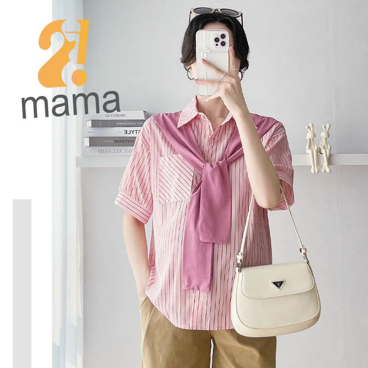 Ảnh Áo bầu công sở mùa hè 2mama kẻ sọc, cổ sơ mi có phối vạt điệu đà, dễ thương 4