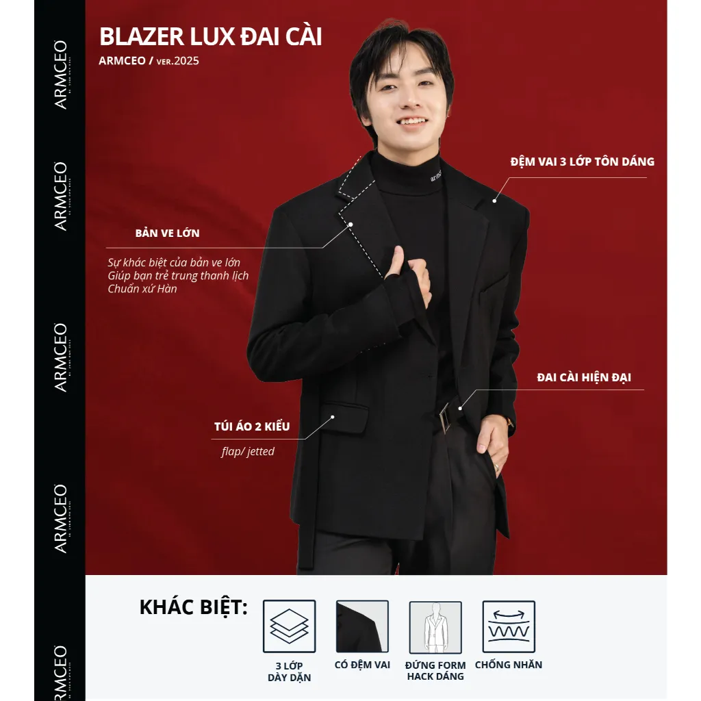 Ảnh Áo blazer nam cao cấp  ARMCEO LUX đai cài, có đệm vai, form tôn dáng chuẩn Hàn Quốc -ARK01 3