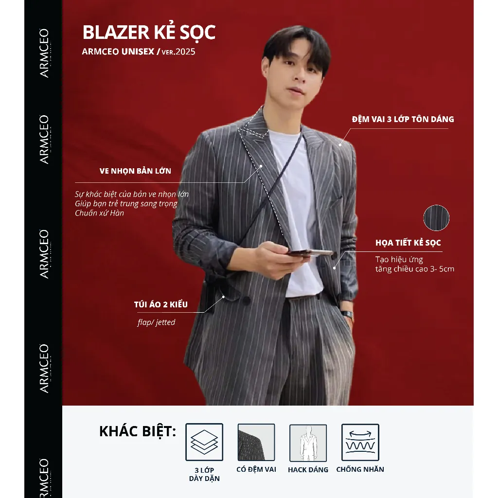 Ảnh Áo blazer nam nữ kẻ sọc unisex ARMCEO mới nhất chất liệu cotton spandex đứng form -ARK02 2