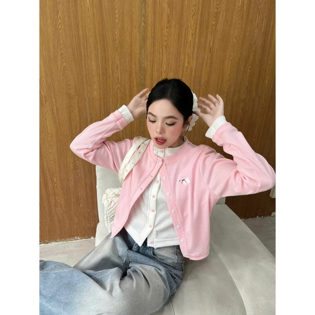 Ảnh 𝐊𝐈𝐋𝐋 𝐒𝐘𝐒𝐓𝐄𝐌 - Áo cardigan phối layer hai màu thun gân WESTIE hình thêu cún con 4