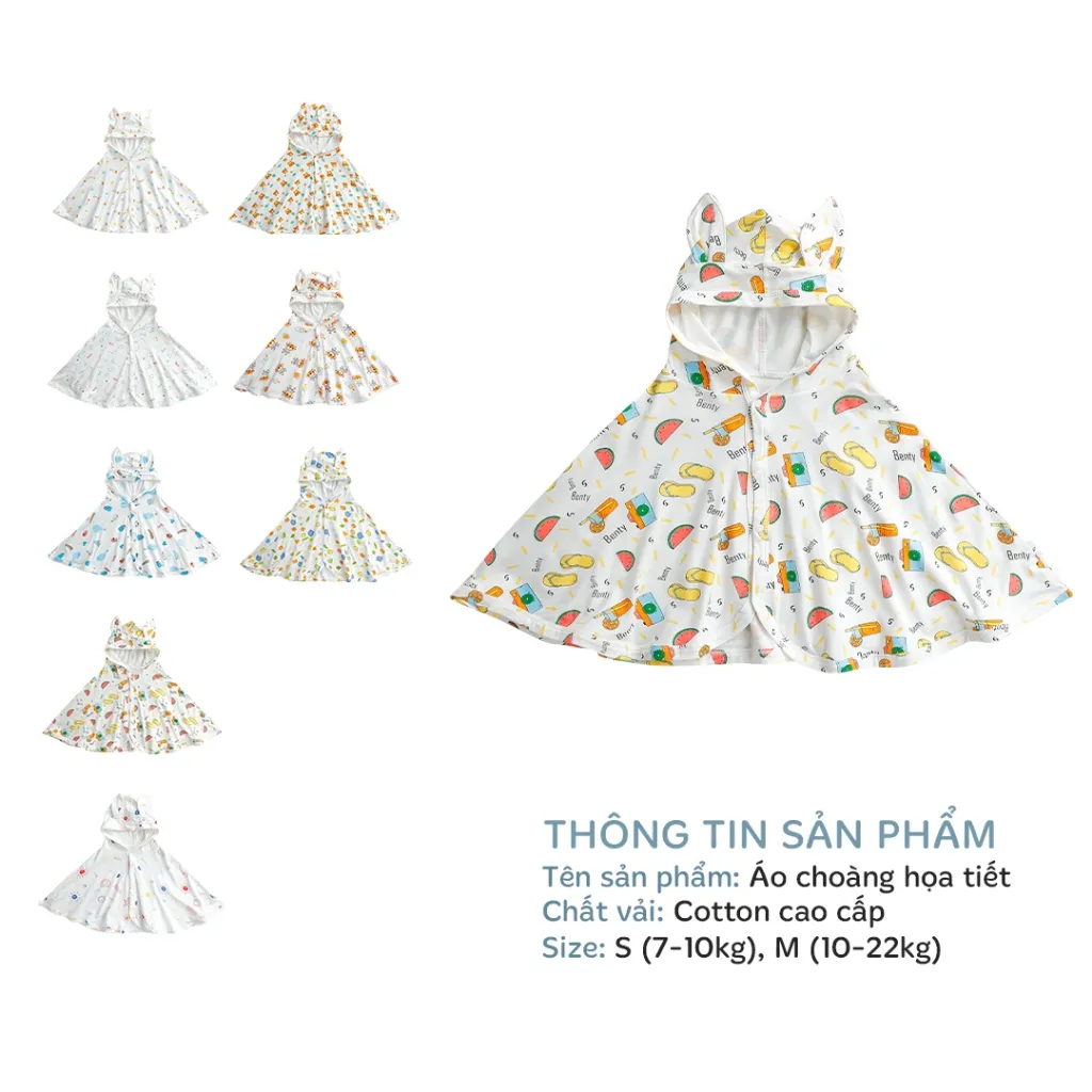 Ảnh Áo choàng BENTY họa tiết chống nắng đáng yêu cho bé trai, bé gái từ 7-22Kg chất liệu cotton cao cấp 2