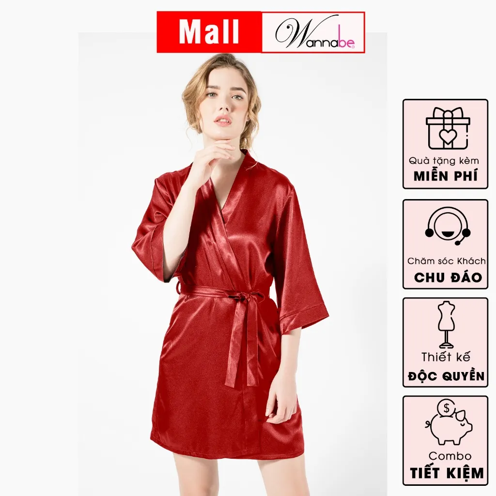Ảnh Áo choàng ngủ lụa WANNABE áo khoác ngủ lụa kimono dạng cơ bản trơn đơn giản dễ mặc sang trọng KI010 4