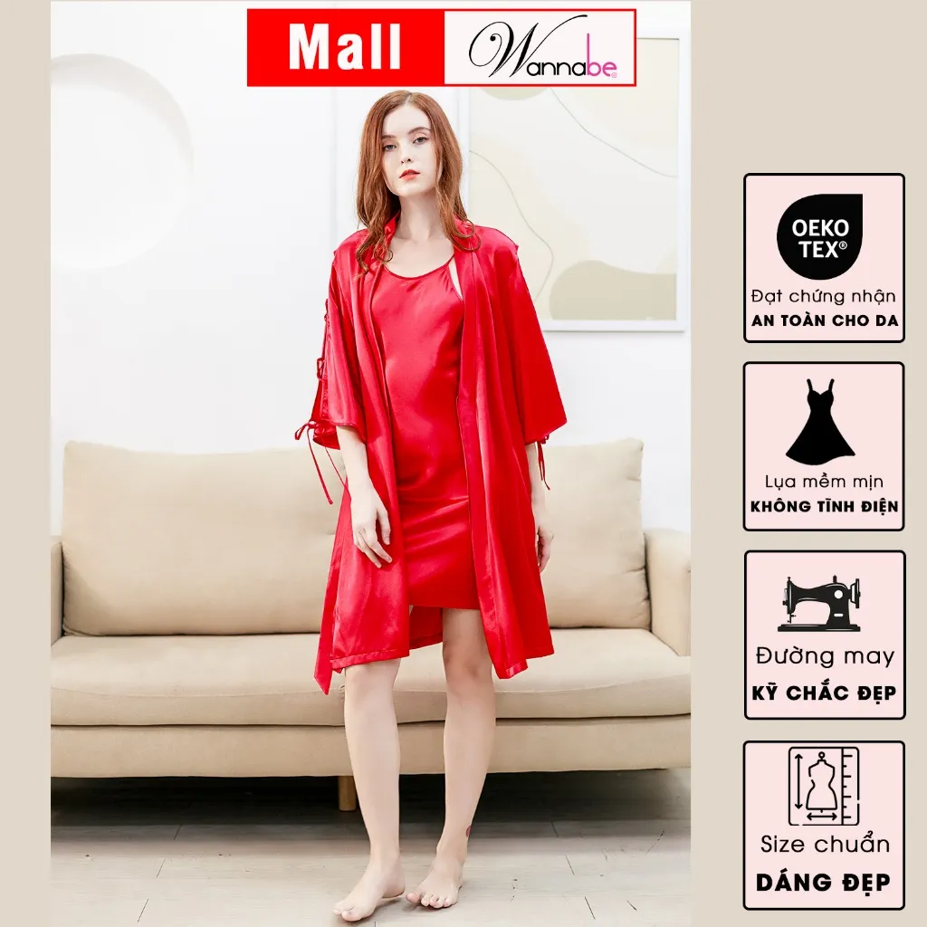 Ảnh Áo choàng ngủ WANNABE áo khoác ngủ kimono lụa xẻ sườn cánh tay đan khoen xxx cột nơ xinh xắn KIS33 2