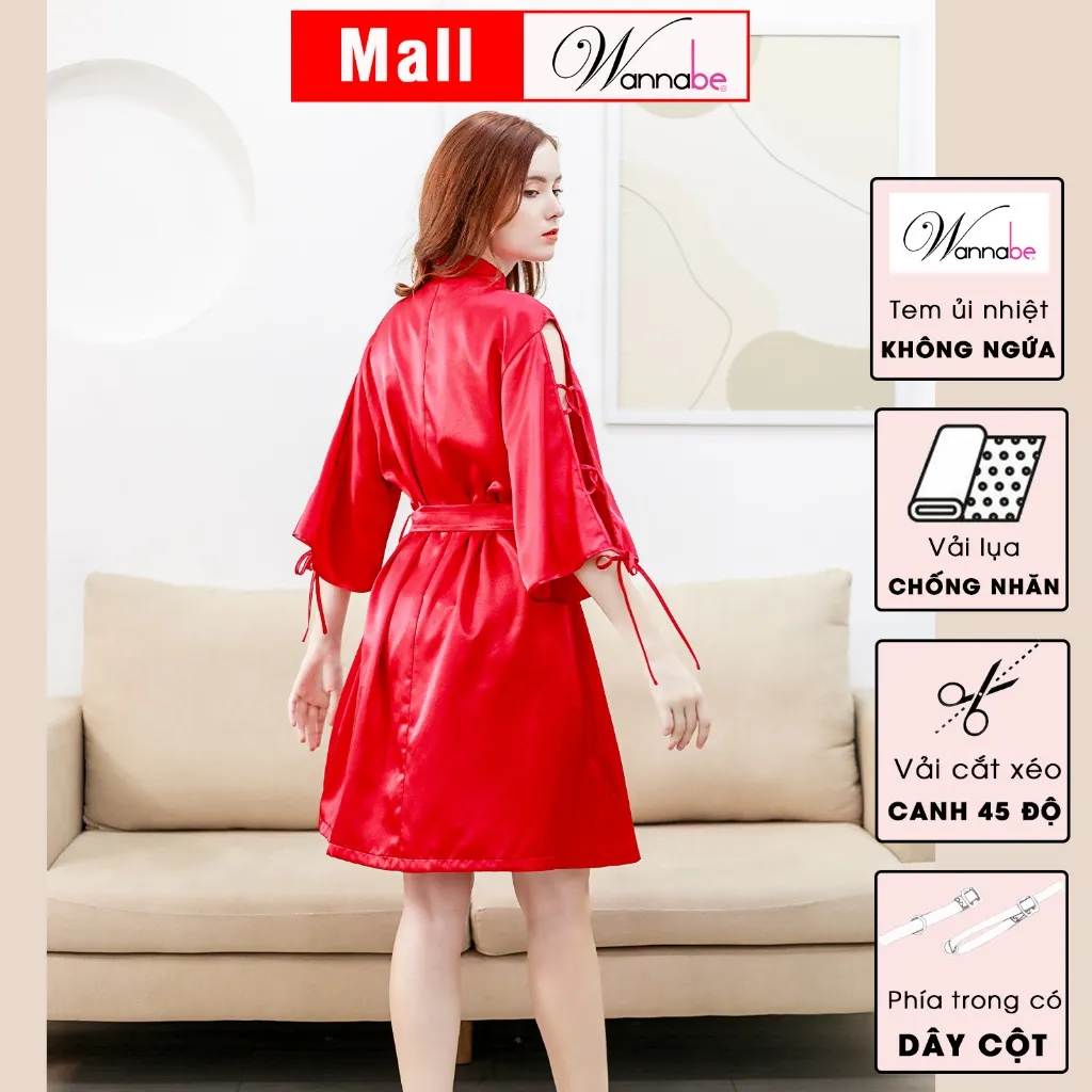 Ảnh Áo choàng ngủ WANNABE áo khoác ngủ kimono lụa xẻ sườn cánh tay đan khoen xxx cột nơ xinh xắn KIS33 4
