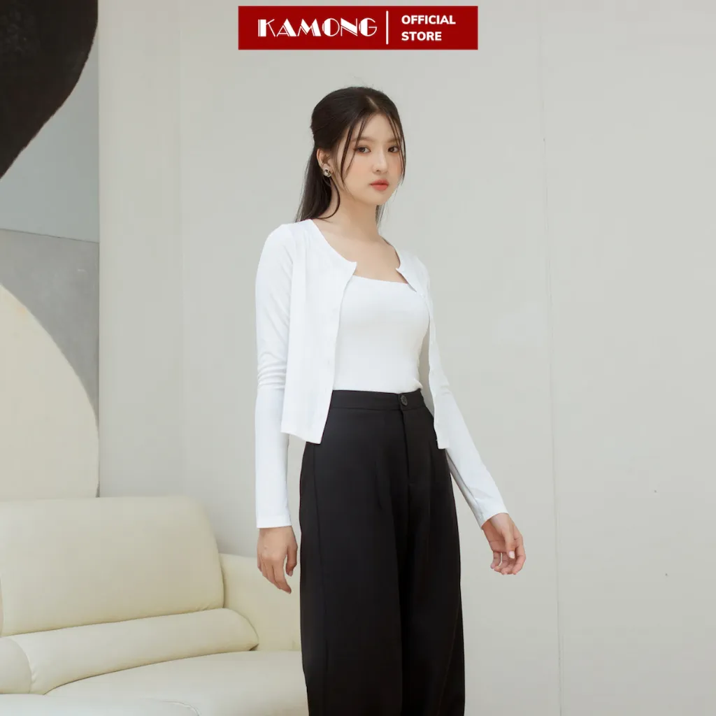 Ảnh Áo croptop nữ tay dài cài nút KAMONG chất liệu thun tăm A149 3