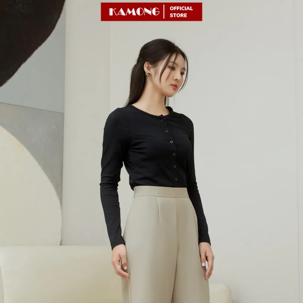Ảnh Áo croptop nữ tay dài cài nút KAMONG chất liệu thun tăm A149 4