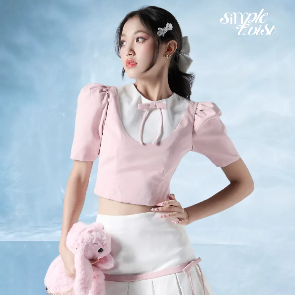 Ảnh Áo dáng ngắn tay phồng đính nơ màu hồng phối trắng PRINCESS phong cách nữ tính - Simple Twist 4