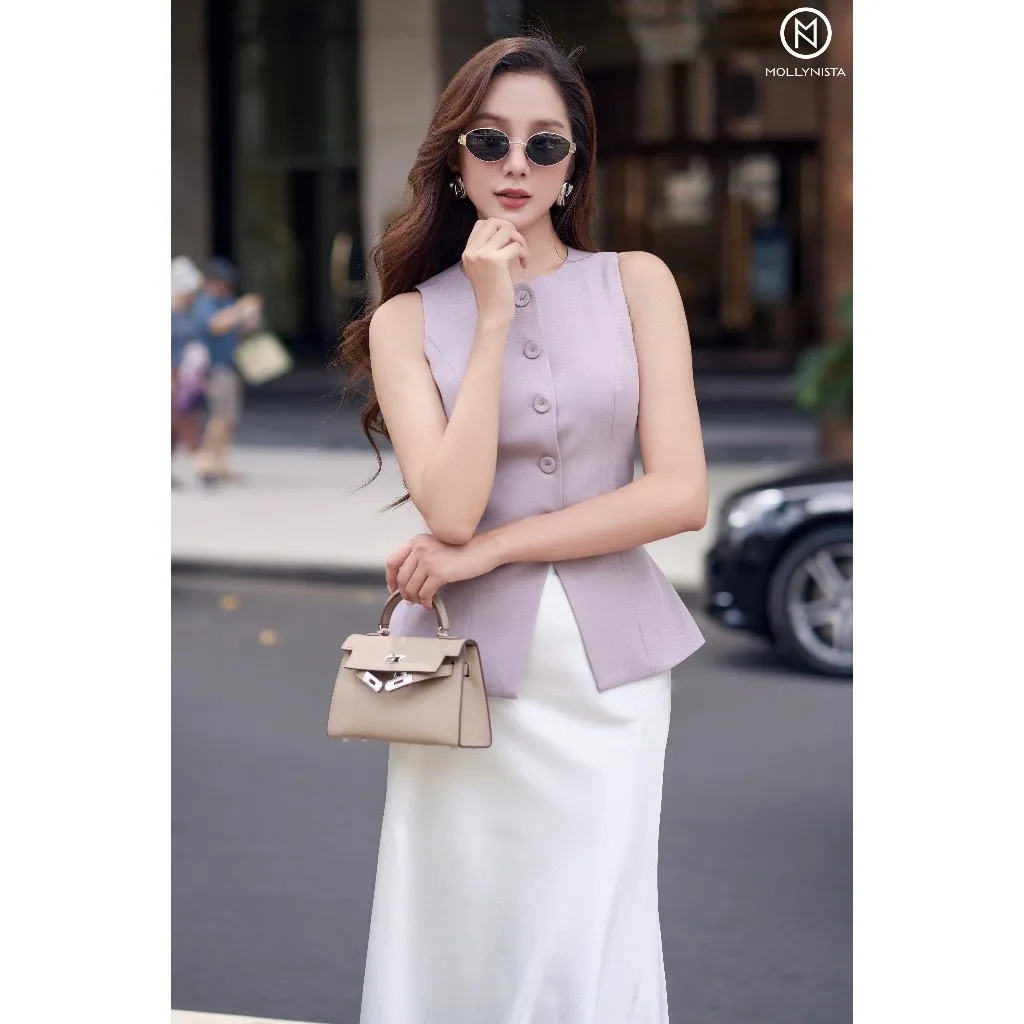 Ảnh Áo gile nữ MOLLYNISTA hai lớp cổ tròn sát nách chiết eo tôn dáng 1