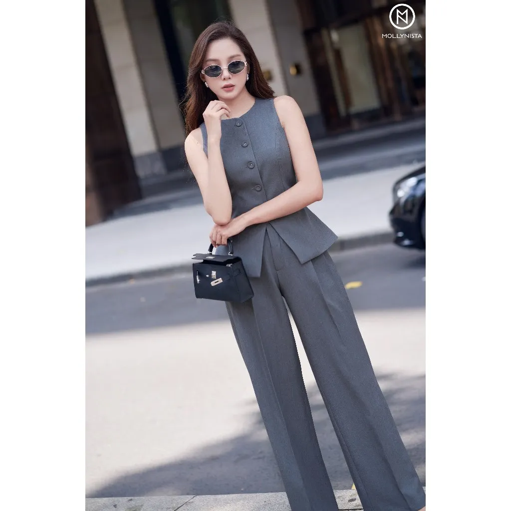 Ảnh Áo gile nữ MOLLYNISTA hai lớp cổ tròn sát nách chiết eo tôn dáng 2
