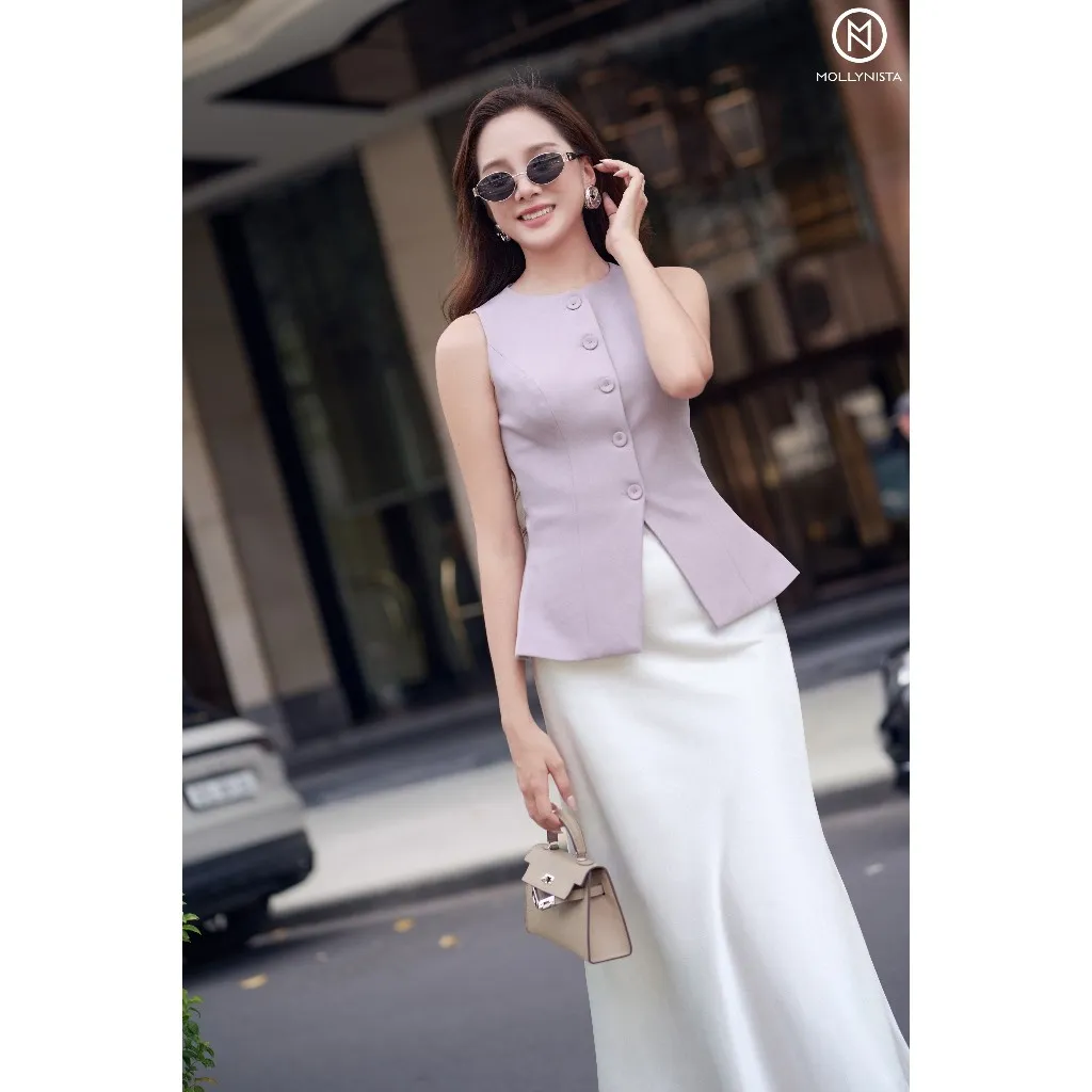 Ảnh Áo gile nữ MOLLYNISTA hai lớp cổ tròn sát nách chiết eo tôn dáng 3